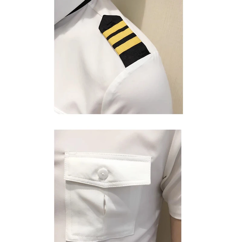 Men White Pilot Uniform Shirt Short Sleeve Slim Fit Lightweight Summer Aviation Dress Shirt Men Captain Office Cosplay Clothes