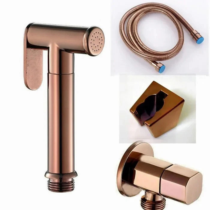 shiny Rose Gold Hand Held Bidet Sprayer Stainless Steel Douche Kit Toilet Bidet Shattaf Copper Valve Jet Set Shower Head