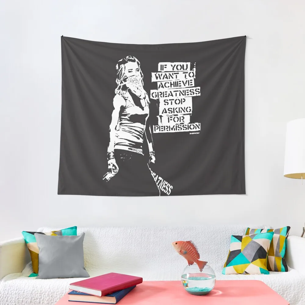 Banksy quote graffiti If You Want to Achieve Greatness stop asking for permission black and white with Banksy tag signa Tapestry