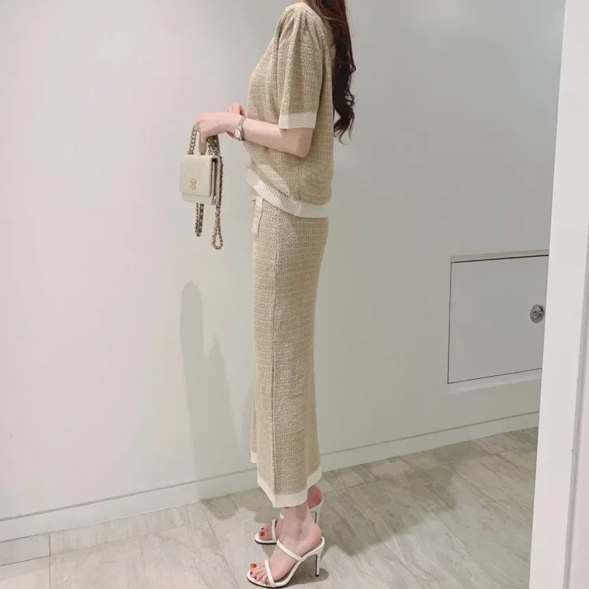 New Elegant Knit Skirt Sets Women Summer Korean Fashion Short Sleeve Cardigan Top + Long Skirt Suit 2 Piece Womens Outfits Chic