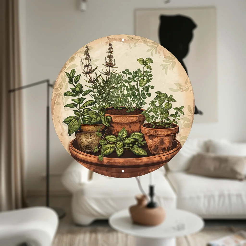 2D Flat, 1pc 2D Flat Print 20x20cm Metal Iron Sign Herb Garden Wall Art Cut-Out, 1pc Round Metal Sign Decor for Cooking Herbs -