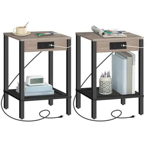 HOOBRO Side Table with Charging Station, Set of 2 End Table with USB Ports and Outlet, Nightstand with 2-Tier Storage Shelf, Fa