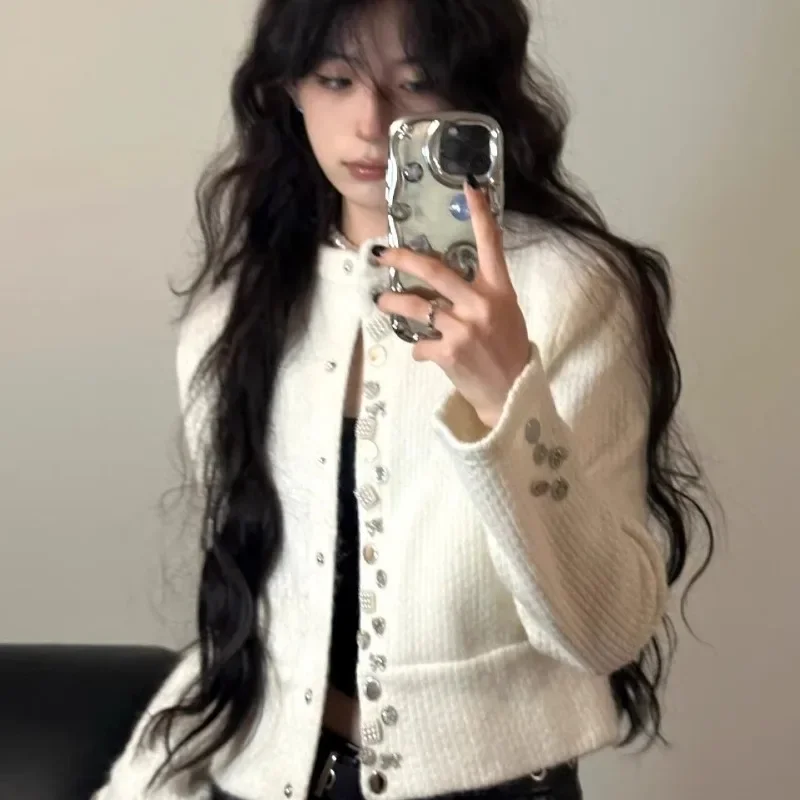 

Deeptown White Knitted Cardigan Women Elegant Button Up Aesthetic Long Sleeve Knitwear Sweet Casual Cropped Sweater Cardigan