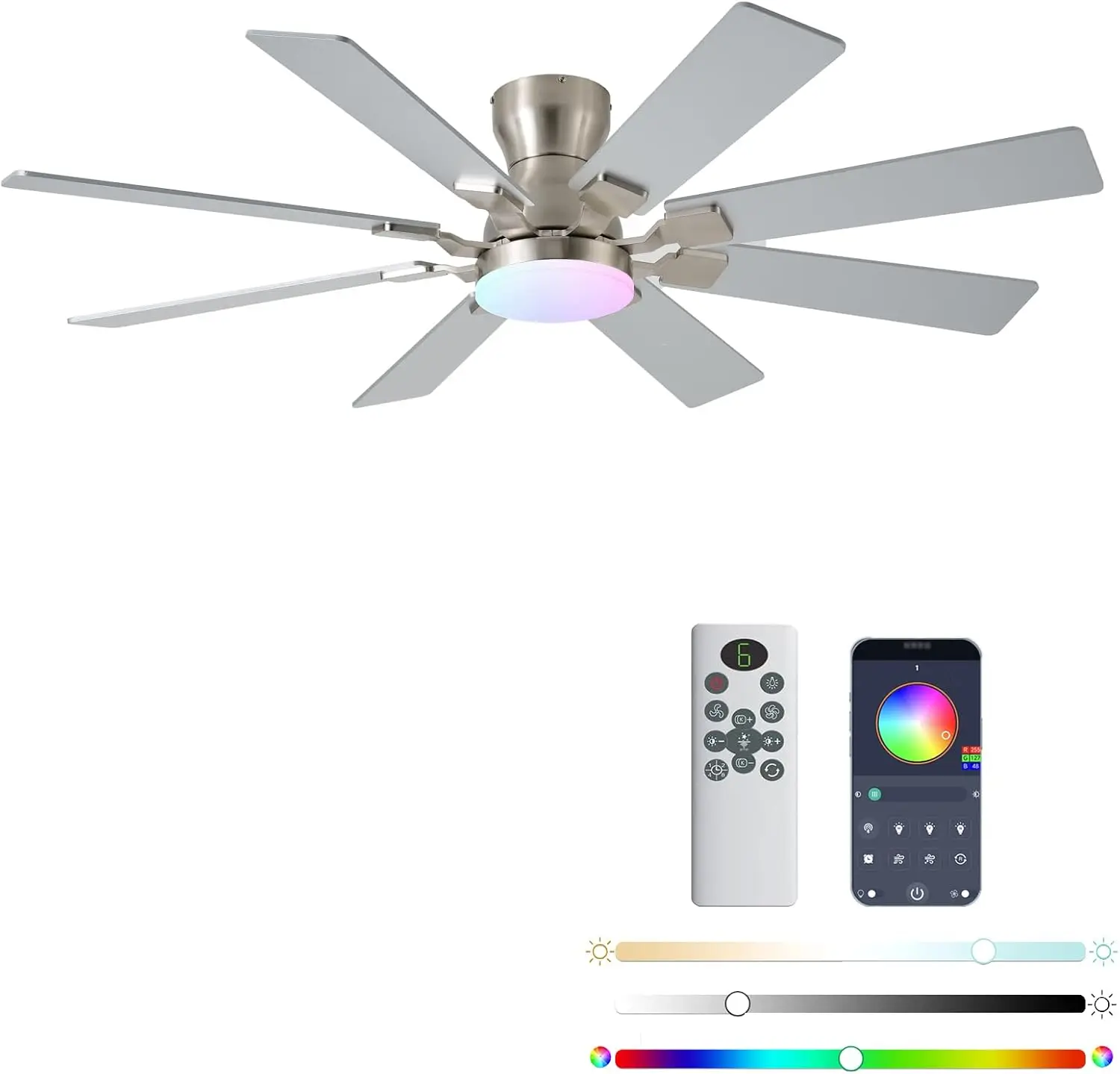 

52 Inch Flush Mount Ceiling Fan Light 8 Blades 6 Speeds Reversible Quiet Remote App Control 3 Color Temp Dimmable Rgb Nickel