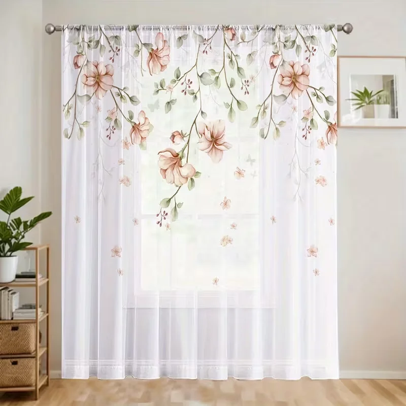 1PC Blush Pink Magnolia Vine Sheer Curtains - Romantic Watercolor Floral Window Drapes