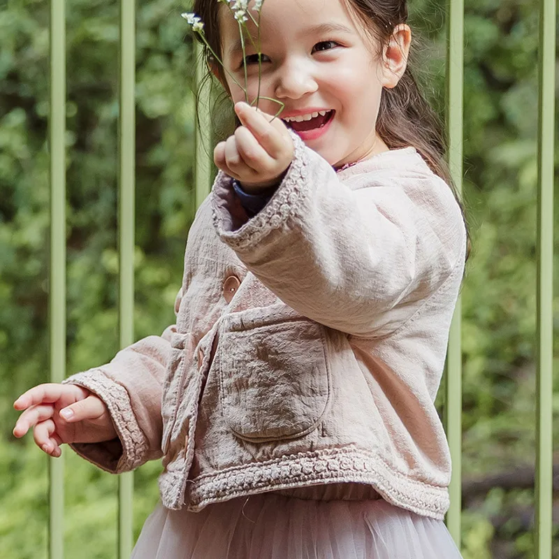 Kids Coat 2024 Autumn Korean Children Toddler Baby Girls Lace Edge Solid Color Shoulder Sleeve Short Coat