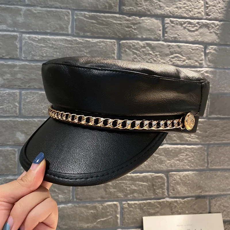 1pc Faux Leather Newsboy Cap Gold Chain Decor Flat Brim Military Style Baker Boy Hat Vintage Fashion Peaked Cap for Daily Outfit view 3