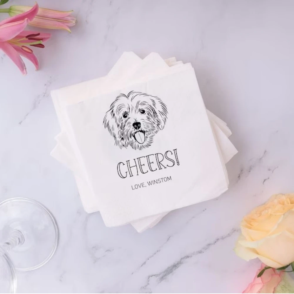 Custom Illustrated Dog Wedding Napkins, Personalized Pet Wedding Napkins, Custom Paper Napkins, Engagement Napkins