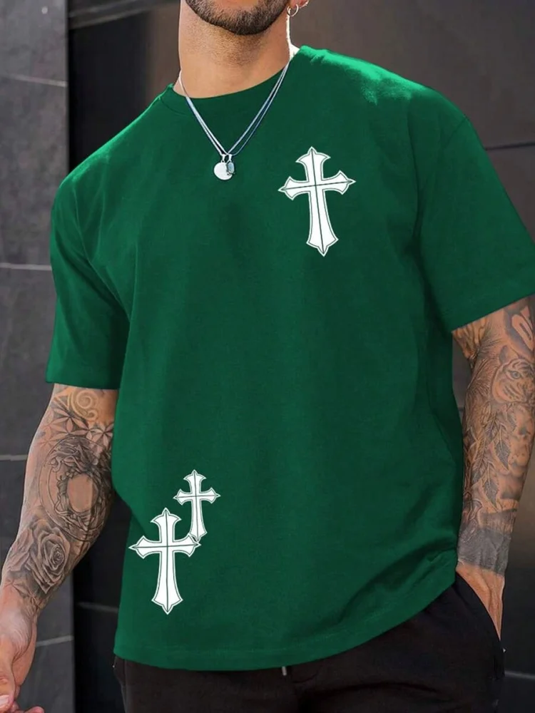 Religious Print Men\'s T-shirt Cross Print Men\'s T-shirt Summer Daily Casual Men\'s Short-sleeved Top Street Fashion Men\'s T-shirt