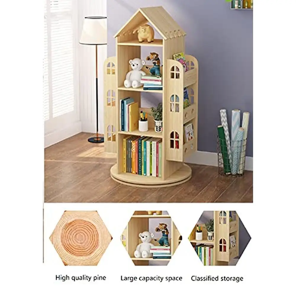 Estantería giratoria para niños, soporte de exhibición, estante de almacenamiento de madera, estante de piso giratorio de 360 grados, librería para niños, pino ecológico