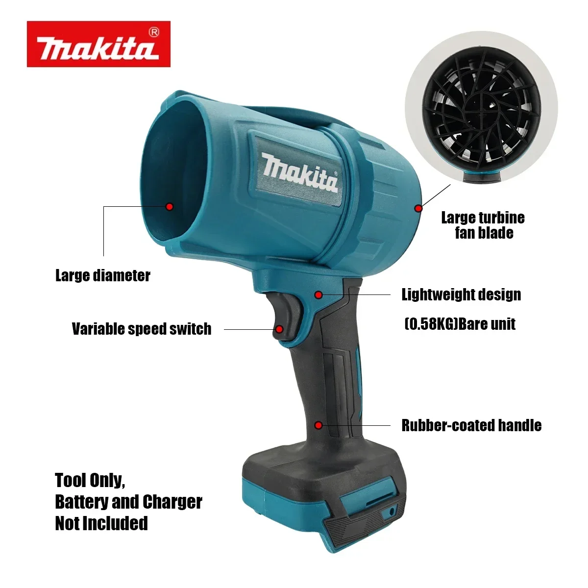 Makita 18V 30000RPM Electric Air Blaster Powerful Turbine Fan Rechargeable Auto Cleaning Tool Unit High Air Flow