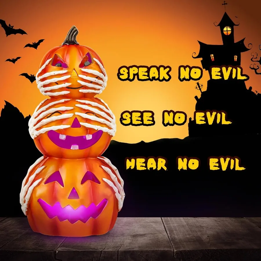 ديكور اليقطين المكدس من راتينج الهالوين يضيء جاك يا فانوس مع أيدي هيكل عظمي لطاولة الشرفة ونافذة الموقد الداخلي والخارجي