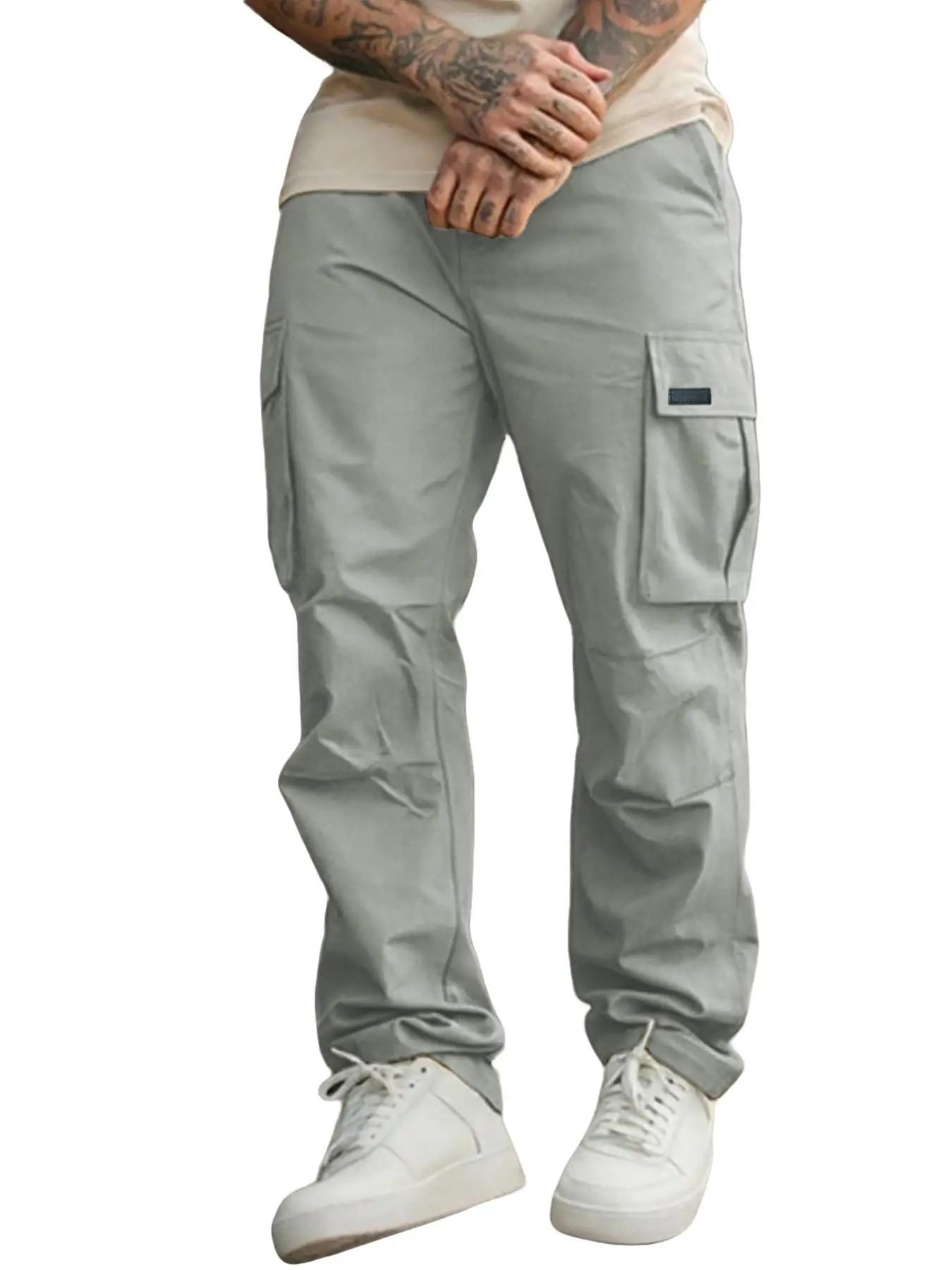 Herren Einfarbige Cargohose Regular Fit Lässige Gerade Hose mit Pattentaschen und Kordelzug für den Alltag – Detail 22