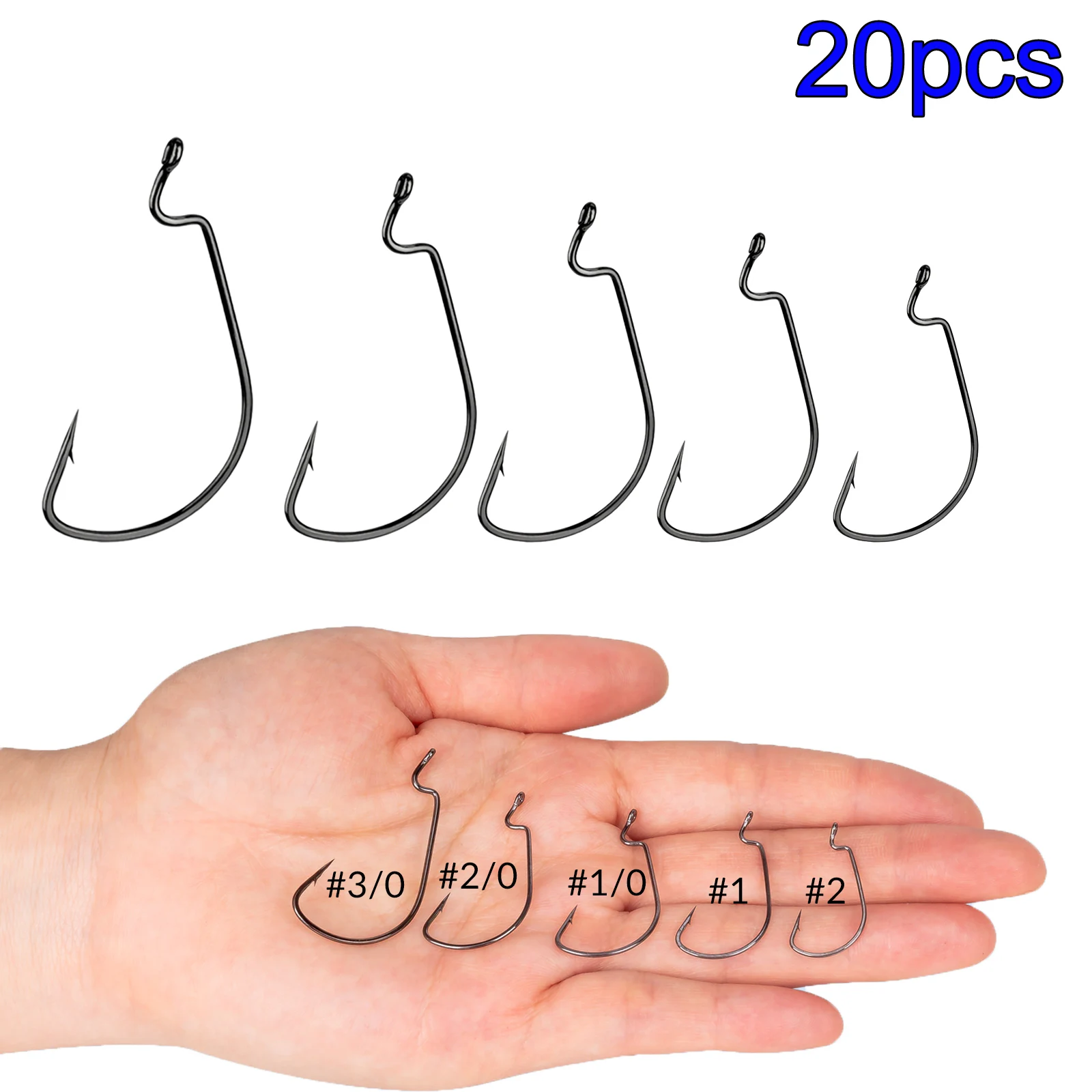 20 buah kail pancing offset baja karbon lebar # 2 # 1 # 1/0 2/0 3/0 Kail Berduri Lebar Untuk Umpan Lunak Memancing Ikan Bass dan Ikan Mas