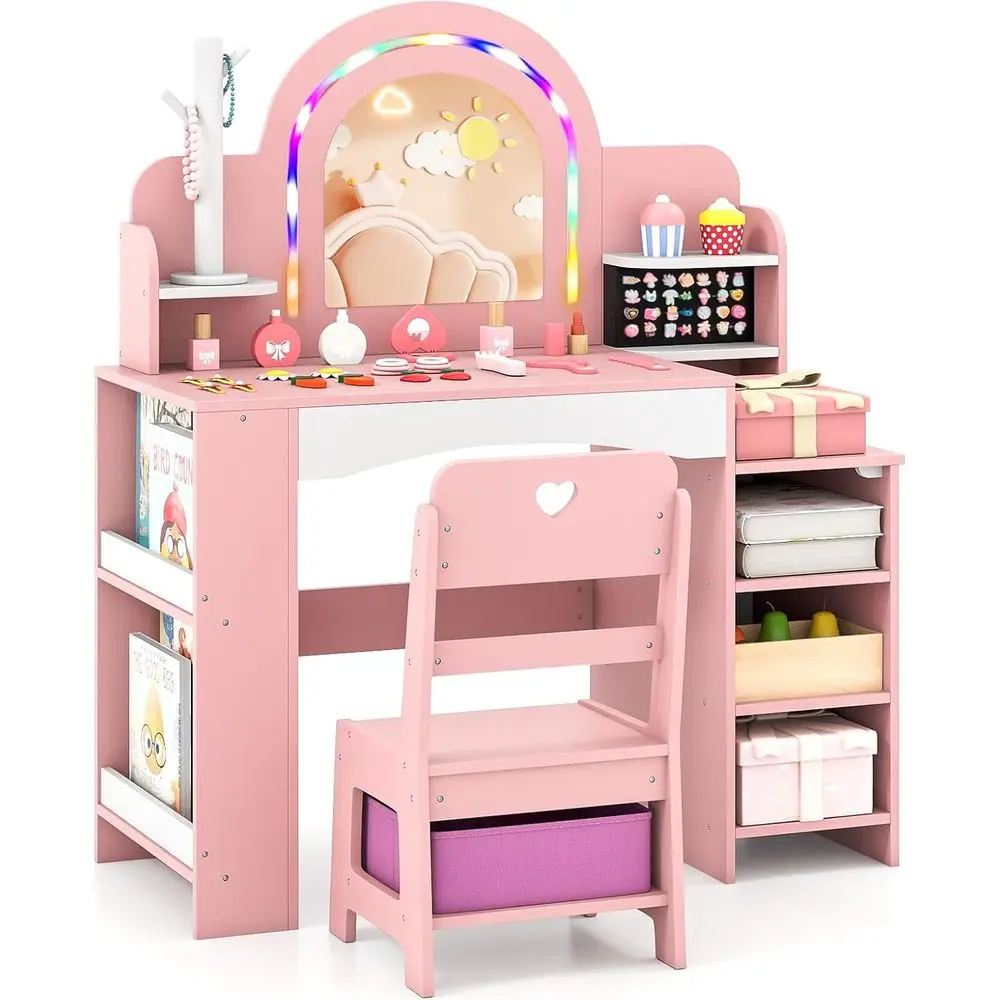 

Lighted Mirror Girls Vanity Set with Bookshelf, Storage, Toddler Makeup Desk, Wooden Pink Vanity Table and Chair