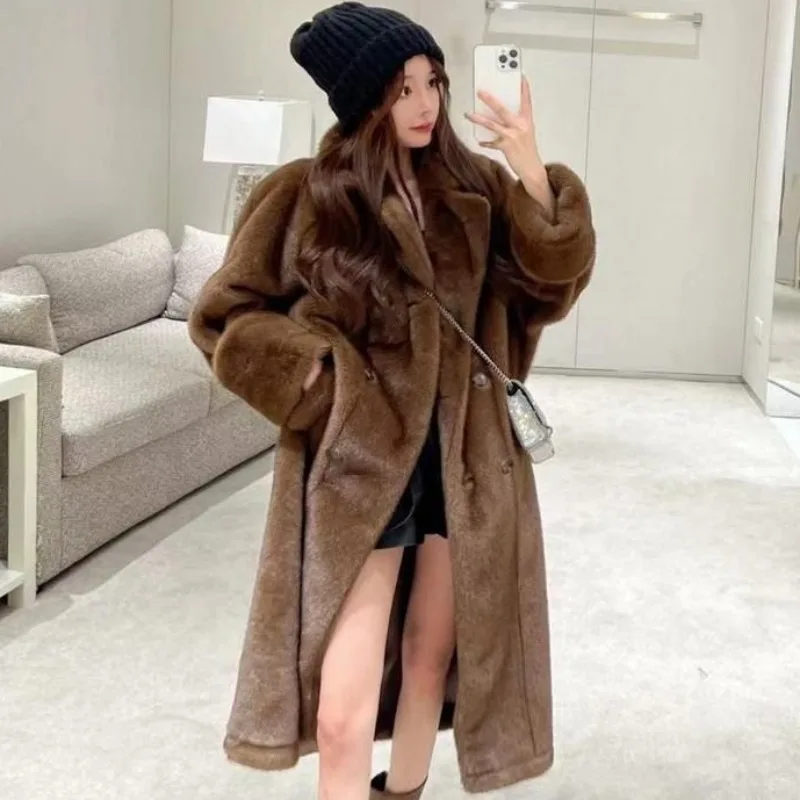 2023 New Imitation Mink Fur Overcoat Women Winter Thicken Thermal Double Breasted Faux Fur Coat Long Slim Fashion Casual Outwear