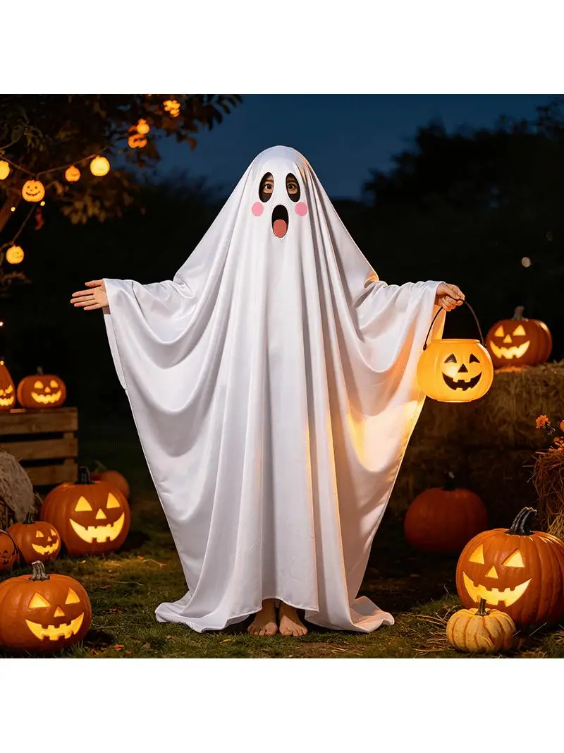 Halloween Children's Ghost Costume Makeup Demonstration Parent-Child Matching White Robe Polyester Fiber Home Use Scene