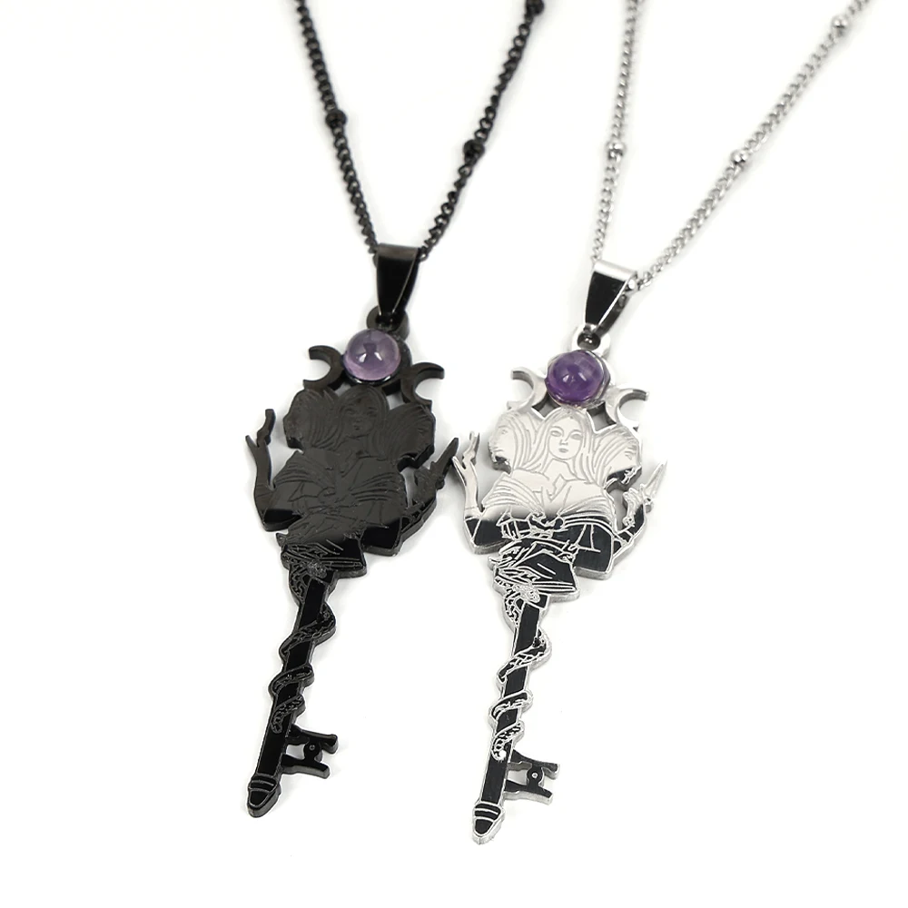 Hexerei Dreifach-Mondgöttin Schlüsselform Amethyst Hekate Schlange Edelstahl Anhänger Halskette Hekate Symbol Schmuck Geschenk