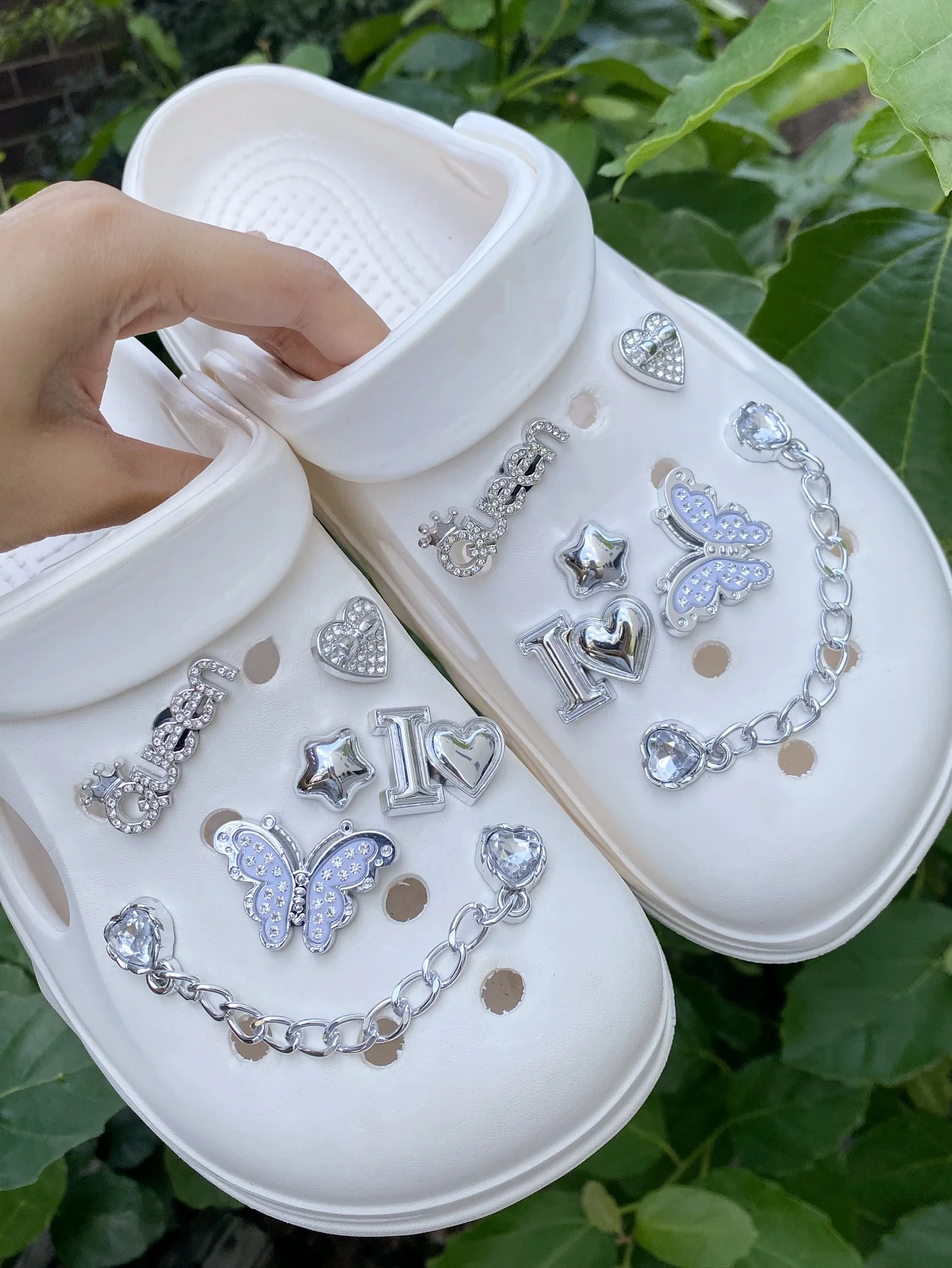 12 ABS silver chains, butterflies, letters, stars, hearts, suitable for women's sandals, slippers, shoes with holes, and other i