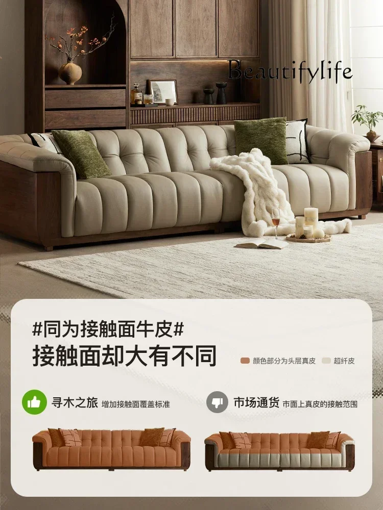 c North American black walnut sofa leather straight row cloud sofa living room lazy relaxation retro style