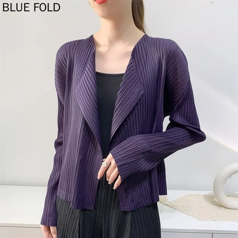 

MIYAKE-Повседневное плиссированное короткое пальто для женщин, универсальный базовый кардиган из полипропилена, однотонный, с длинным рукавом, весна и осень,
