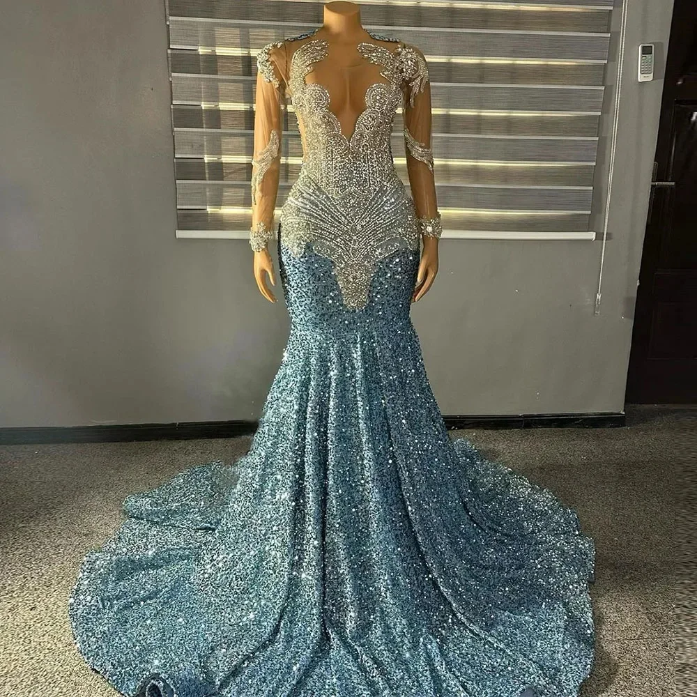 

Sparkly Long Prom Dresses 2024 Luxury Sparkly Beaded Diamond Sexy Mermaid Sheer Top Black Girl Sky Blue Sequin Prom Gala Gowns