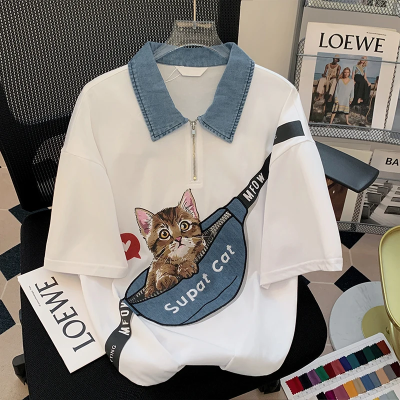 White Denim Collar Half Zip Cotton Polo Shirt with Cute Cat in Fanny Pack Print Women's Casual Loose Short Sleeve Top
