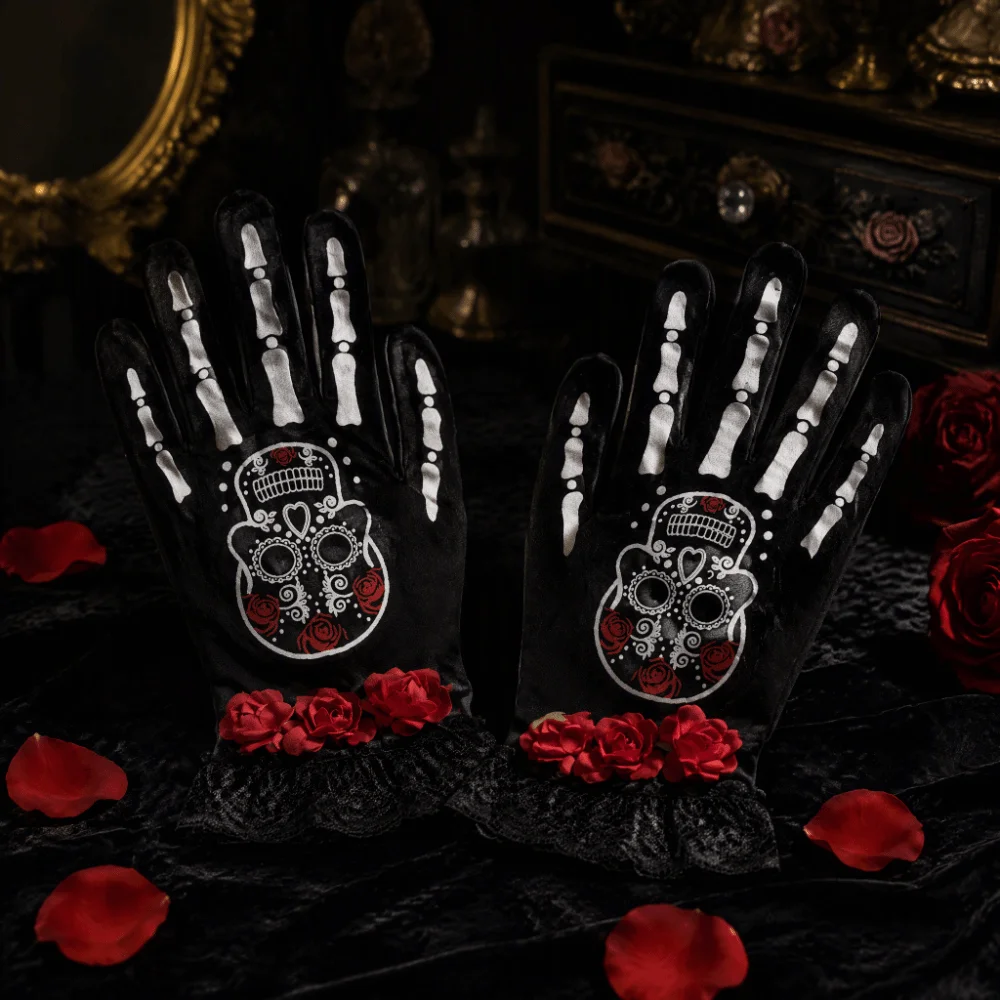 Rose Flower Design Lace Mesh Mittens Luminous Winter Warm Halloween Cosplay Gloves Punk Style Halloween Gloves Dance Costume