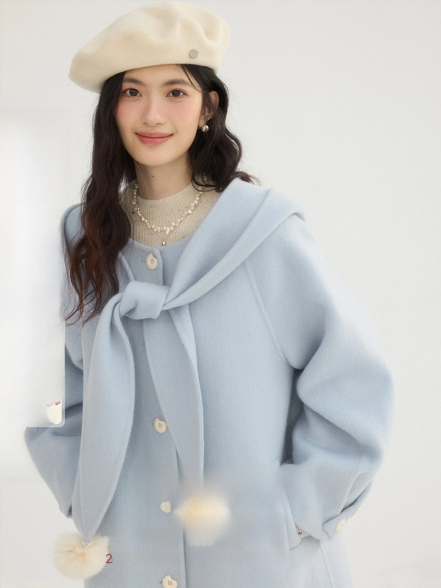

ORWhite Blue Retro Woolen Coat Women's Mid-Length Winter Ball Decoration Loose Coat Comfortable Fit Commute Sle Wool Blend