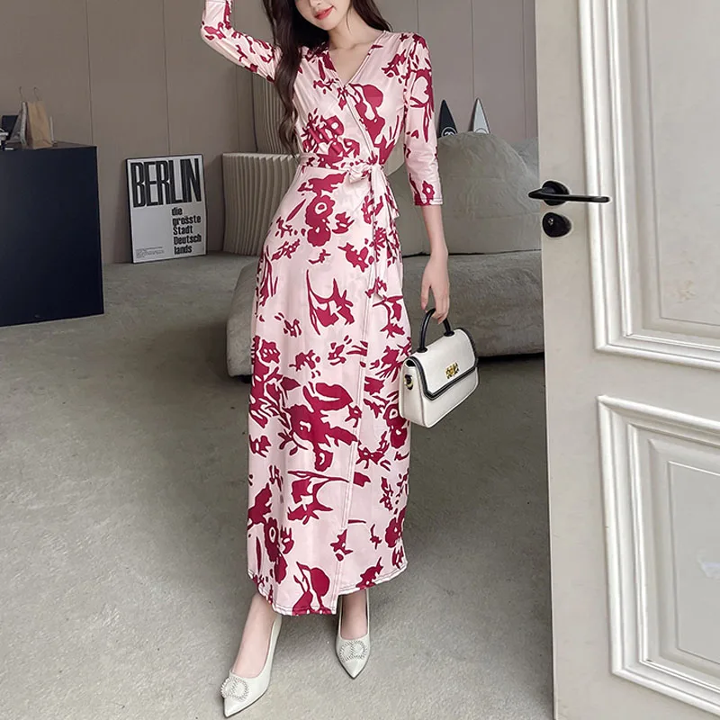 

Women's 2024 New Summer Simplicity V-Neck Tie Up with Spliced Printed Elegant Sexy Half Sleeve Appear Thin Wrapped Long Dress