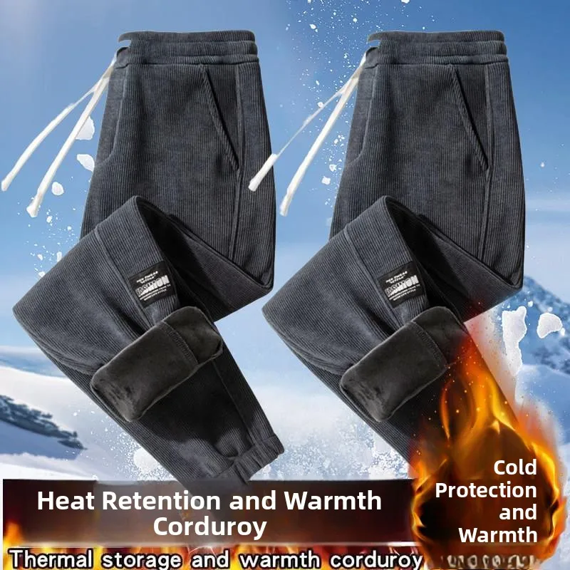 Thickened Fleece Lined Corduroy Work Trousers Loose Fit Casual Pants for Autumn Winter Durable And Easy to Clean Elastic Cuff