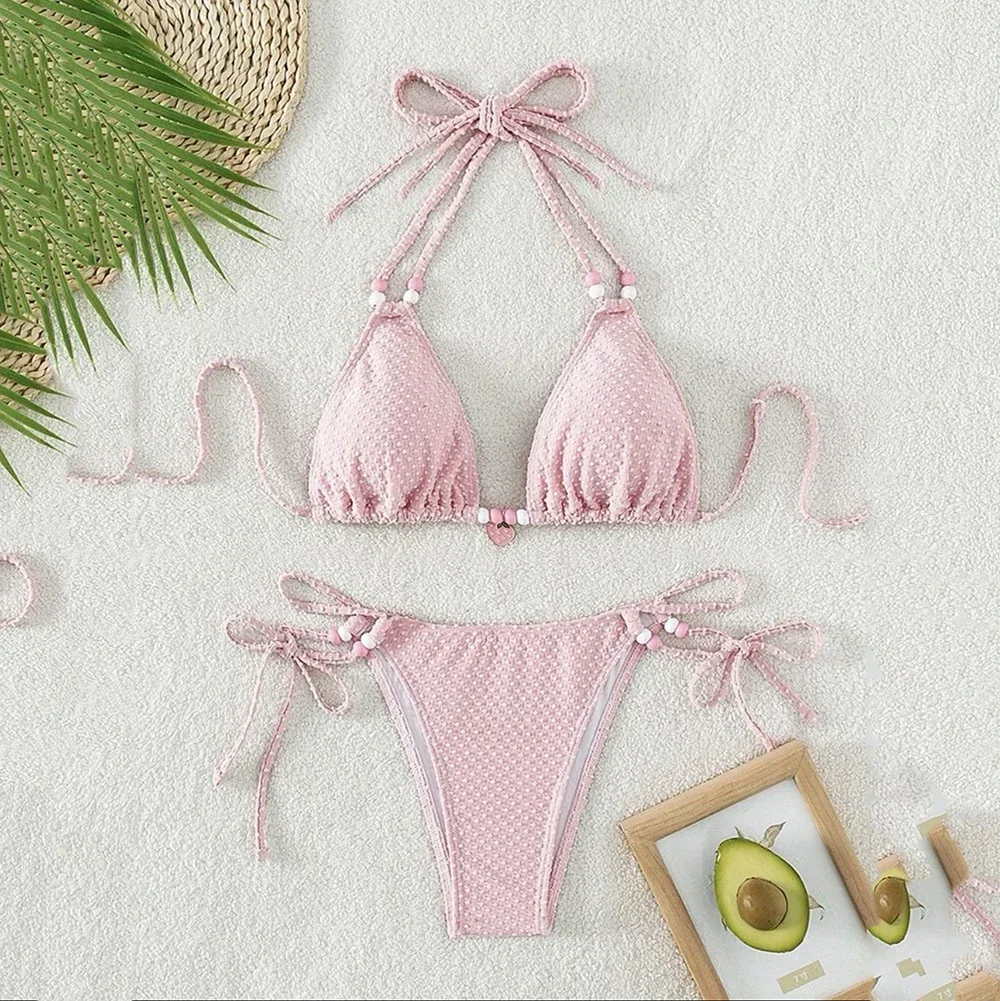 Conjunto de microbikini rosa con Tanga para mujer, bañador Sexy con cordón de cuentas, Mini traje de baño con cordones, Bikini triangular