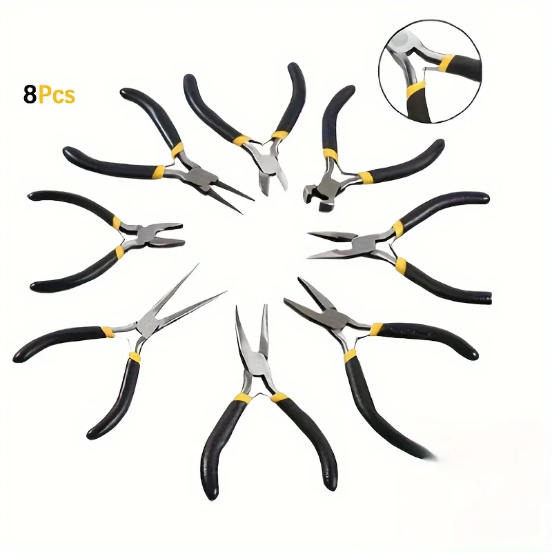 مجموعة كماشة فولاذية مكونة من 8 قطع تتضمن كماشة إبرة مستديرة ومقص علوي وقواطع أسلاك لأعمال الإصلاح الداخلية والخارجية