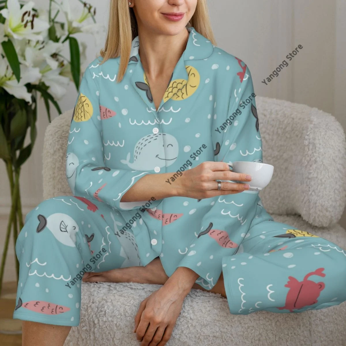 Women's Pajamas Long-sleeved Girl Loungewear Two-piece Set Hand Drawn Fish Pajamas for Autumn Spring