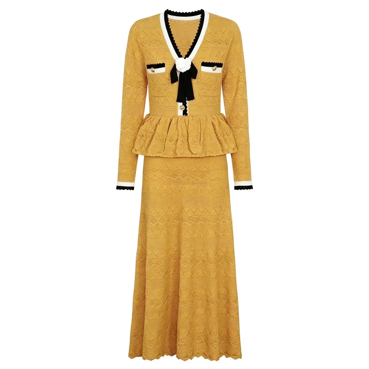 Fashionable V Neck Knitted Hollow Bow With Lotus Leaf Edge Slimming Long Sleeve Women Dress High Quality Summer Style Clothing