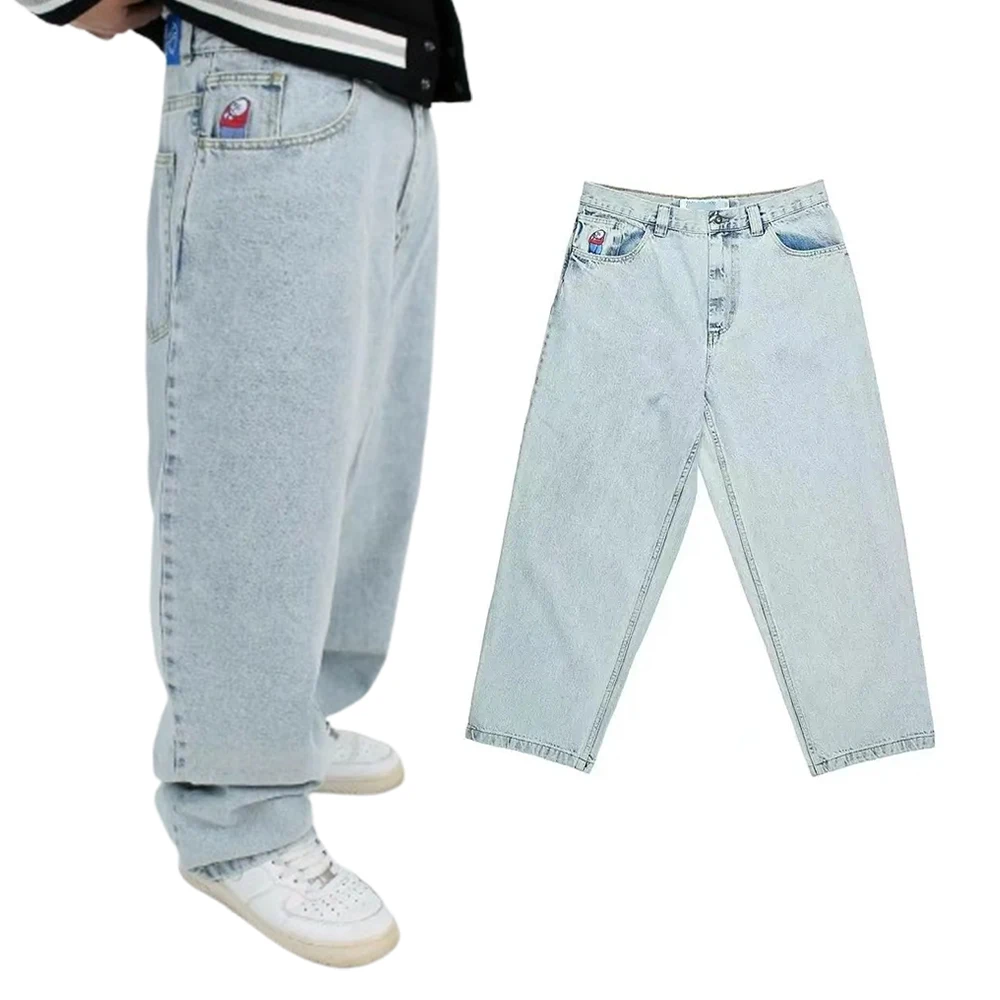 Polar Big Boy Jeans Y2K Hip Hop Cartoon Embroidered Retro Blue Baggy Jeans Pants Mens Womens Gothic High Waist Wide Leg Trouser