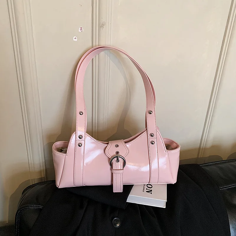 

Pink PU Leather Underarm Bag for Women 2026 Summer New Rivet Design Shoulder Pack Motorcycle Style Casual Shopping Handbags