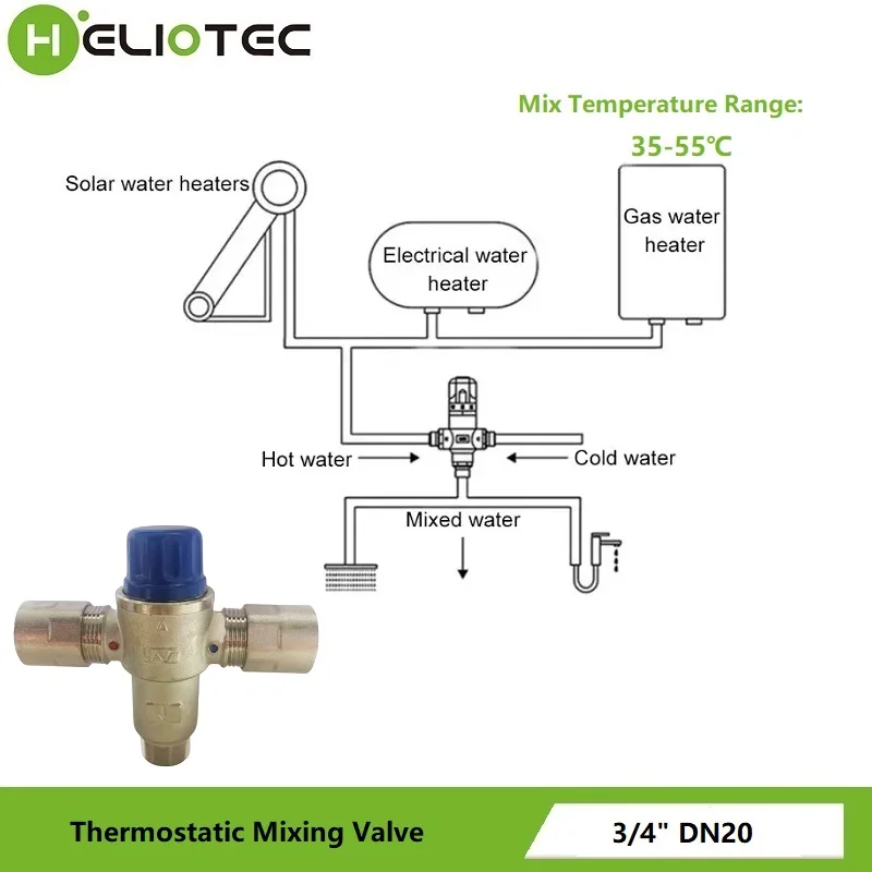 Heliotec-calentador Solar DN20 de 3/4 pulgadas, válvula de mezcla termostática, tubo, materiales de construcción estándar