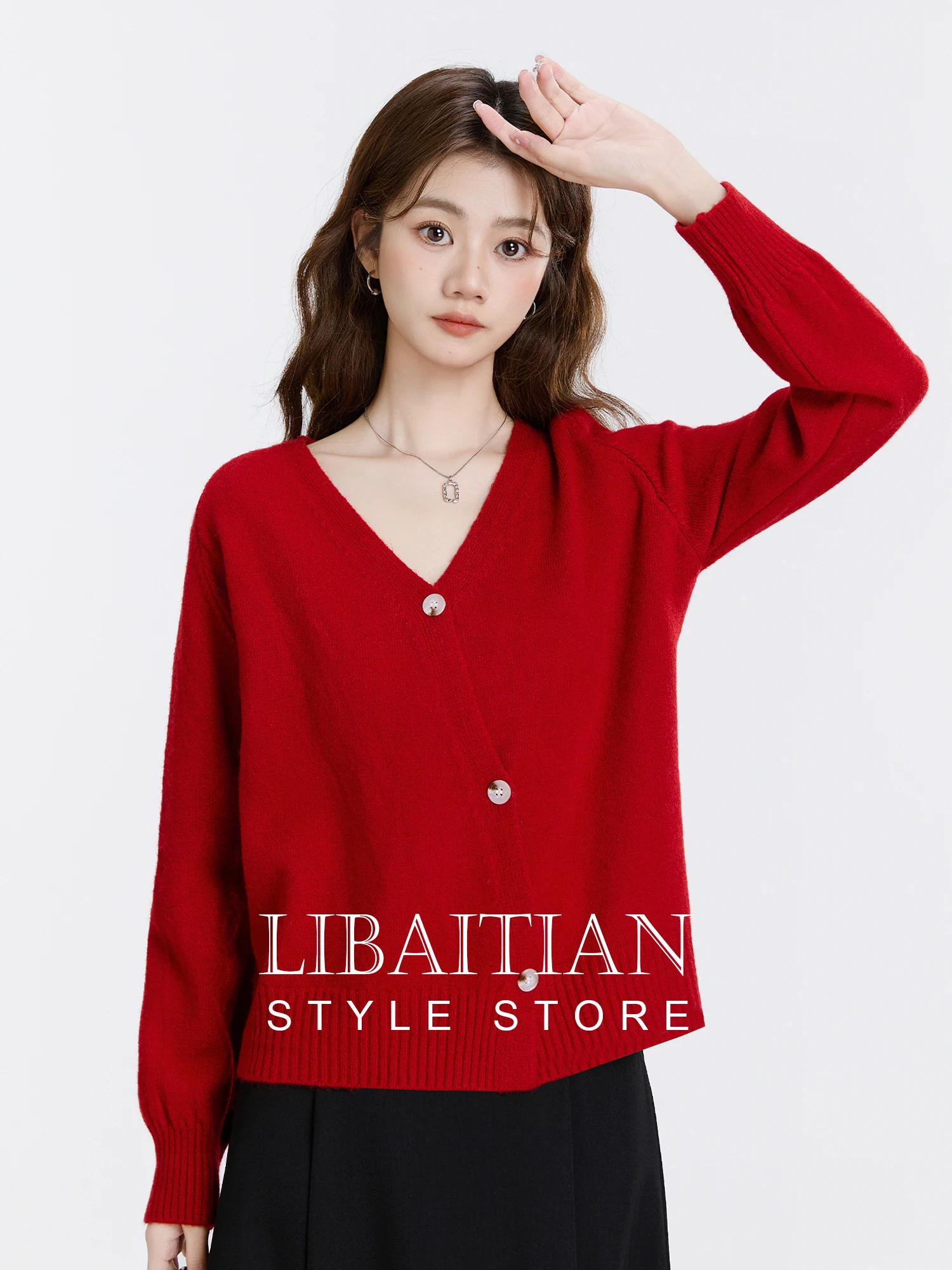 

Красный вязаный кардиган с V-образным вырезом для женщин, осенне-зимний, с асимметричной застежкой на пуговицах, в корейском стиле, свободного кроя