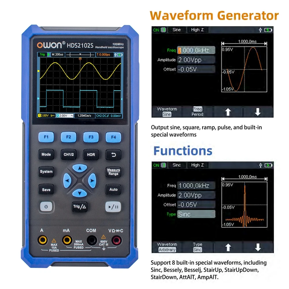 OWON HDS2102S Handheld Digital Oscilloscope 500MSa/s 8Bits 100MHz Bandwidth 2CH + 1CH Generator True-RMS Multimeter Osciloscopio