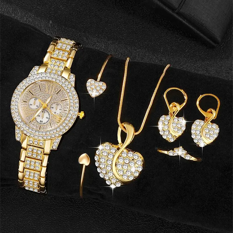 

Women's Quartz Watch Gold Luxury Women Ring Necklace Earring Rhinestone Fashion Wristwatch Casual Ladies Watches Jewelry Set