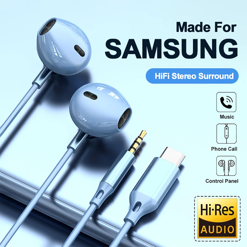Headphones HiFi Surround Sound In-ear For Samsung USB Type C 3.5mm With wire control Wired Earplugs For Galaxy S24 S23 S22 Ultra