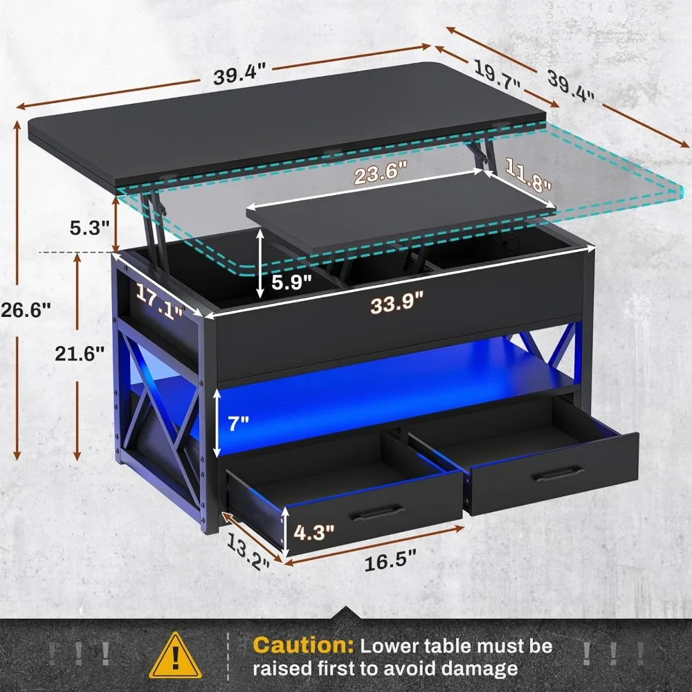 LED 4 in 1 Coffee Tables with Storage, 40 Inc Lift Top Coffee Table, Small Coffee Table with 2 Drawers for Diner, Reception Room