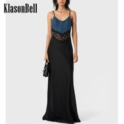 8.31 KlasonBell Women Fashion Denim Spliced Lace Maxi Evening Dress Elegant Sexy Strapless Spaghetti Strap Slim Banquet Dress