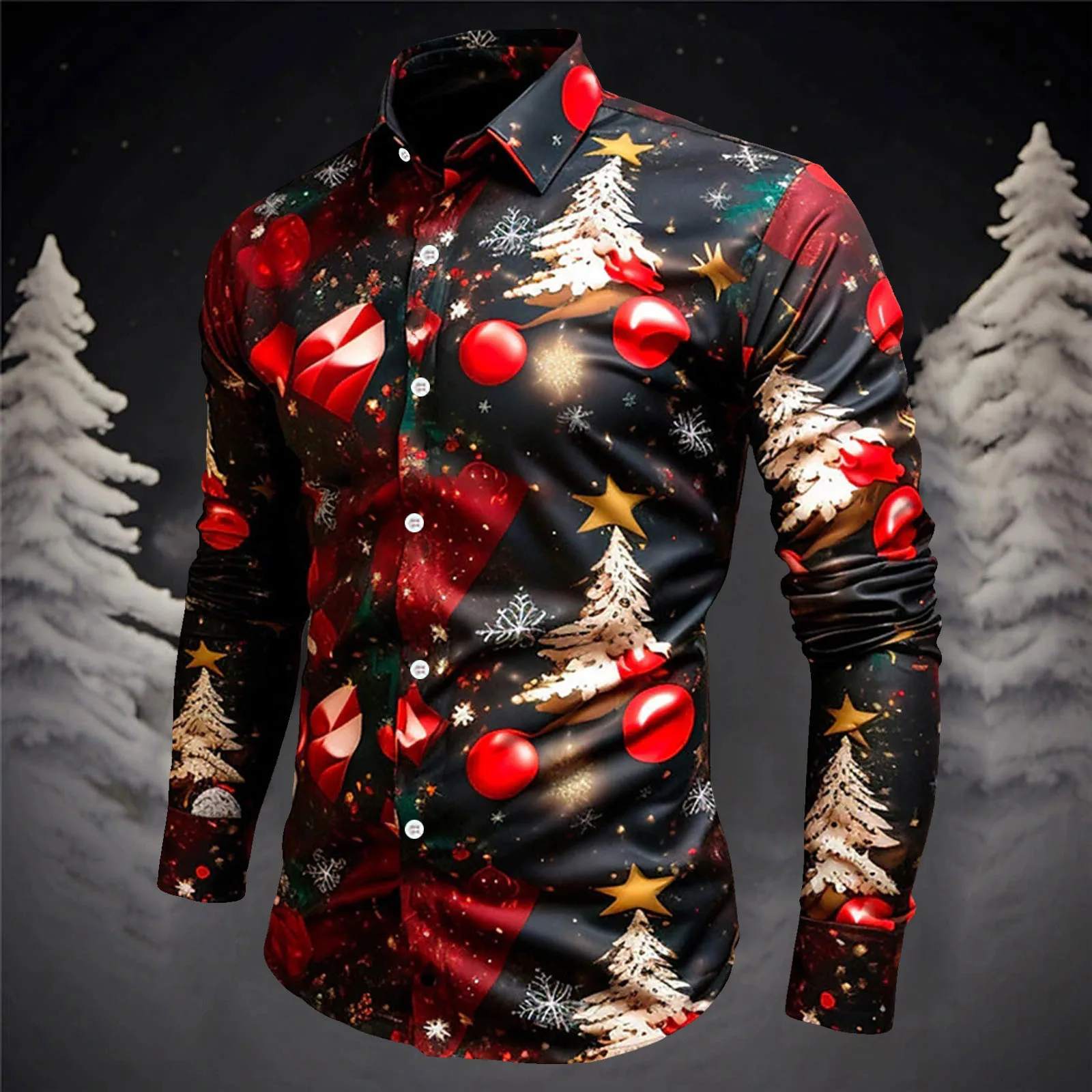 Heren shirt met lange mouwen 3D-print Kerst Sneeuwvlok Kerstman Patroon Shirt Tops Feestkleding Heren Revers Plus Size Tops