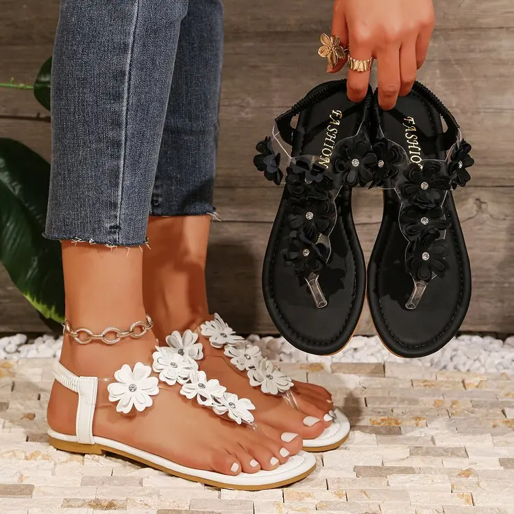 

Женские сандалии-шлепанцы в стиле бохо с цветочным декором, на плоской подошве, с Т-образным ремешком, для пляжа, летние