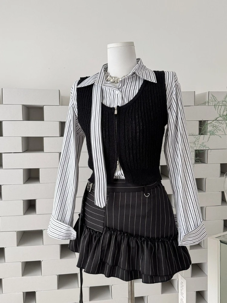 

Fashion three piece set women's laple collar striped long sleeve shirt+zipper round neck vest+irregular design short skirt