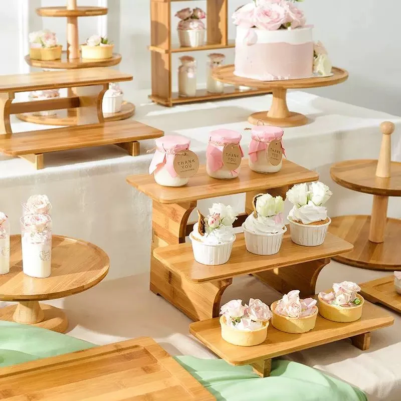 Bamboo dessert table display shelf birthday ornaments Hotel afternoon tea snacks tray cake tray tea break table