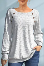 Plus Size Fall Winter Casual White Solid Round Neck Twist Knit Long Sleeve Decorative Button Sweater