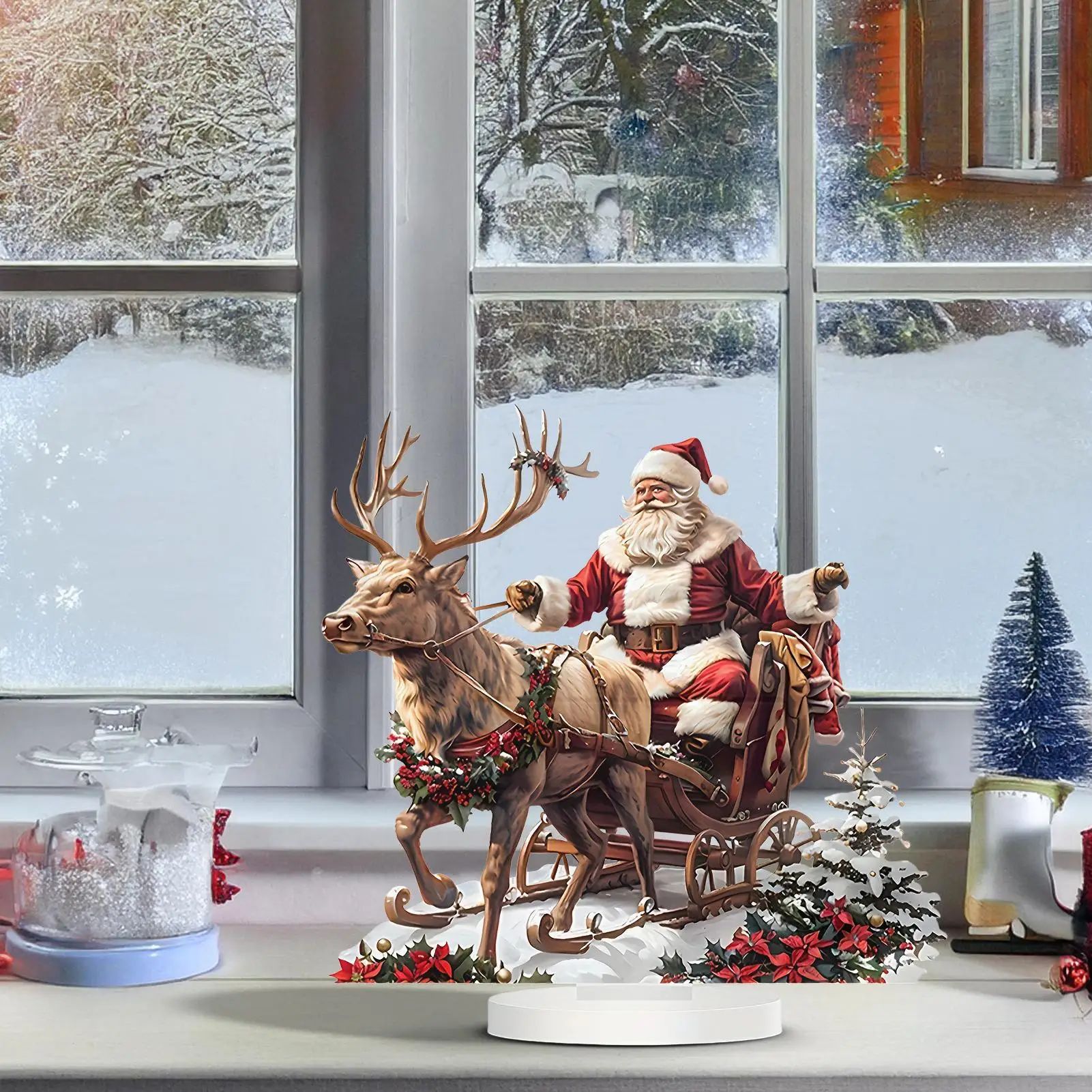 Decoración de mesa de trineo de Papá Noel y Reno con Base, adornos navideños acrílicos 2D, suministros para fiesta de Navidad 2025